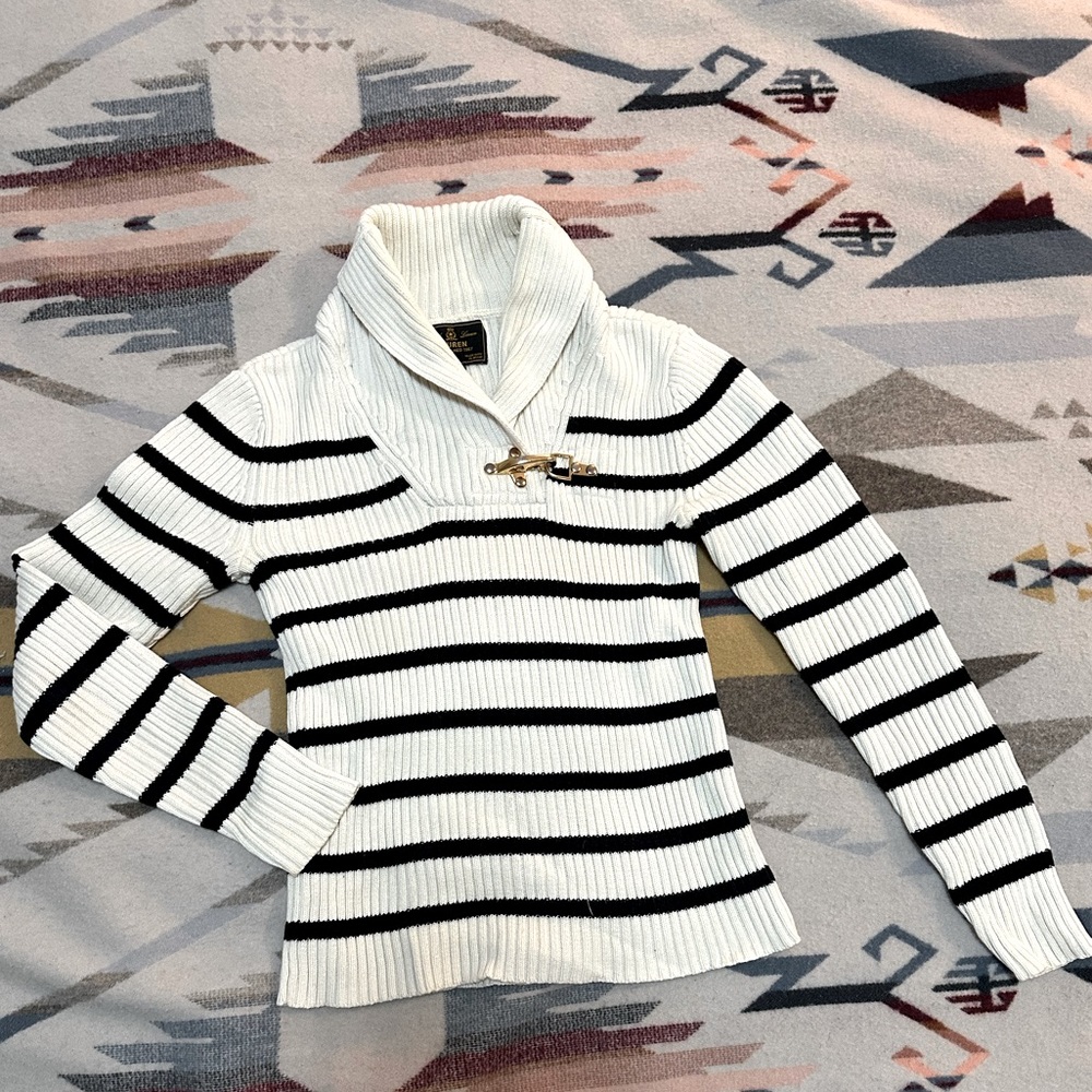 Ralph Lauren XS White & Navy Blue Striped Nautical Sweater 100% Cotton